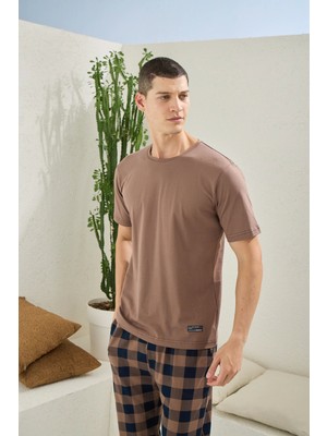 Kapsulavm Kly Kısa Kollu Altı Kareli Capucina Rengi Yazlık Erkek Pijama Takımı