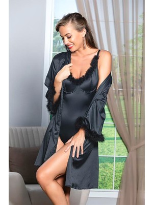 Kapsulavm Kuşaklı Mini Boy Saten Sabahlık Siyah  (MGP11500)