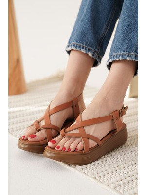 Trendella Linya Taba Hakiki Deri Sandalet