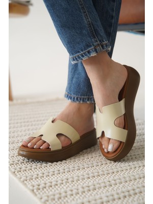 Trendella Borlina Bej Hakiki Deri Terlik