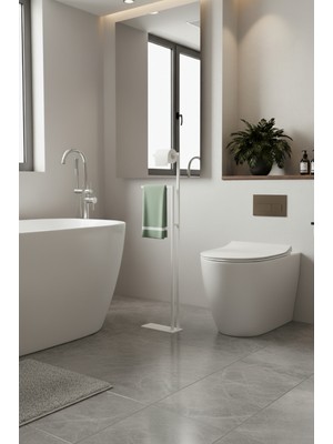 Grandmix Modern Metal Tasarım Ayaklı Banyo Askılığı ve Tuvalet Kağıtlık Seti 105X25X15