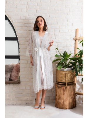 Kapsulavm Gelin Set Transparan Midi Boy Kuşaklı Sabahlık Ekru (MGP12176)