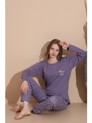 Lindros Kadın Pamuk'lu Düğme Yaka Raporlu Interlok Kışlık Pijama Takımı 05040 - 1 Adet