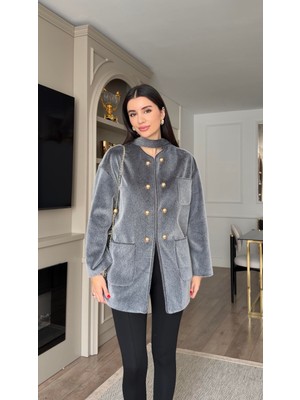 Hazelanna Gold Düğmeli Gri Kısa Kürk Ceket