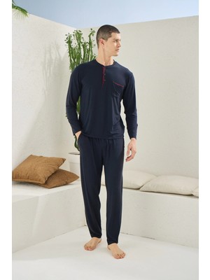 Fantastik Store Kocabey 9220 Erkek Midi Yaka Uzun Kol Pijama Takım