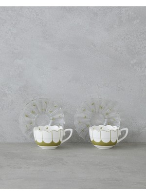 English Home Purepetal New Bone China 4 Parça 2 Kişilik Cam Tabaklı Kahve Fincan Takımı 80 ml Yeşil