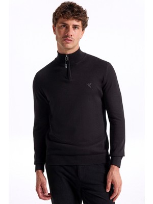 Fabrika Bato Yaka Basic Düz Siyah Erkek Kazak F5WM-KZK 2555