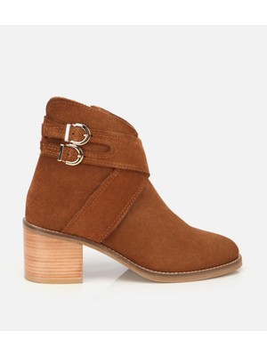 Hotiç Kadın Süet Deri Taba Gold Detaylı Tokalı Topuklu Bot