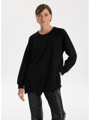 Fabrika Bisiklet Yaka Düz Siyah Kadın Sweatshırt Falu-Y