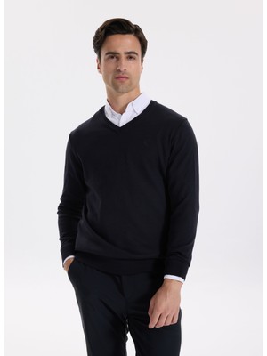 Fabrika V Yaka Basic Düz Lacivert Erkek Kazak F5WM-KZK 2557