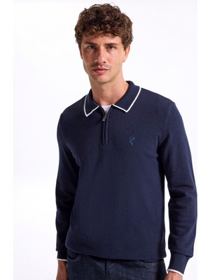 Fabrika Polo Yaka Slim Fit Düz Lacivert Erkek Kazak F5WM-KZK 2319