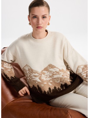 Fabrika Bisiklet Yaka Loose Fit Jakarlı Ekru - Kahve Kazak Kadın F5WL-KZK0253