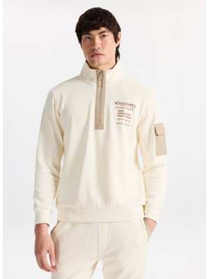 Discovery Expedition D5WM-SWT3830 Krem Dik Yaka Relaxed Baskılı Erkek Sweatshırt