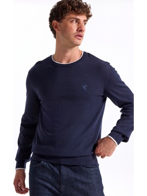 Fabrika Bisiklet Yaka Slim Fit Düz Lacivert Erkek Kazak F5WM-KZK 2318