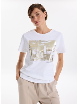 Fabrika Bisiklet Yaka Varaklı Beyaz Kadın T-Shirt F5WL-TST0238