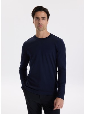 Fabrika Bisiklet Yaka Slim Fit Düz Lacivert Erkek Kazak F5WM-KZK 2521