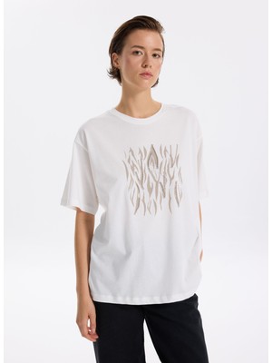 Fabrika Bisiklet Yaka Taşlı Beyaz Kadın T-Shirt F5WL-TST0338