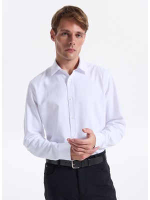 Fabrika Slim Fit Gömlek Yaka Armürlü Beyaz Erkek Gömlek Maydos-Y 402