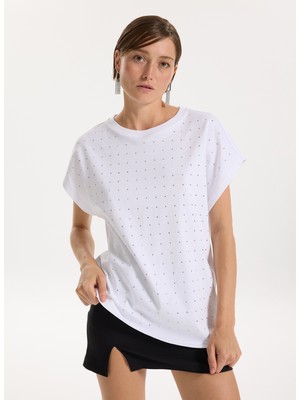 Fabrika Bisiklet Yaka Taşlı Beyaz Kadın T-Shirt F5WL-TST0247