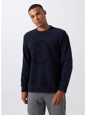 Discovery Expedition D5WM-SWT3872 Lacivert Bisiklet Yaka Relaxed Baskılı Erkek Sweatshırt