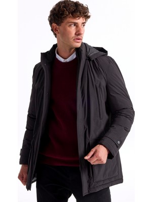 Fabrika Siyah Erkek Kaban %100 Polyester Kapüşonlu Uzun Kol Düz Desenli XS Beden F5WM-KBN 2552
