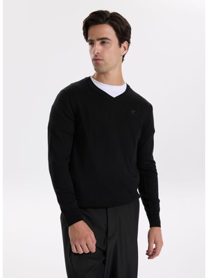 Fabrika V Yaka Basic Düz Siyah Erkek Kazak F5WM-KZK 2557