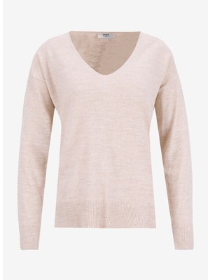 People By Fabrika V Yaka Loose Fit Düz Bej Kazak Kadın PBF5WL-KZK9519