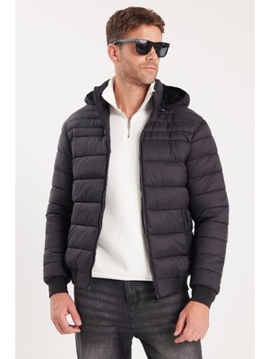 Tudors Erkek Relax Fit Rahat Kesim Çift Cepli Kapüşonlu Sıcak Tutan İçi Kürklü Siyah Mont