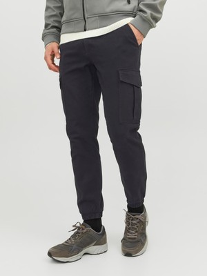 Jack & Jones 12186889_Jpstmarco Jjjoe Cuffed Akm Normal Bel Düz Siyah Erkek Kargo Pantolon