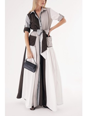 Societa Karışık Renkler Kontrast kumaş kombinli büzgülü gömlek elbise 94494