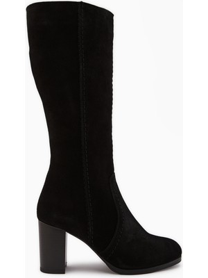 Limoya Aleen Hakiki Deri Siyah Süet Topuklu Kadın Çizme