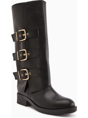 Limoya Adelina Siyah Deri Kemerli Kadın Biker Çizme