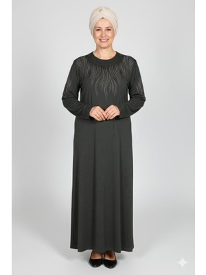 Hermevsim Hesna Kadın Elvan Kışlık Büyük Beden Boydan Baskılı Haki Elbise