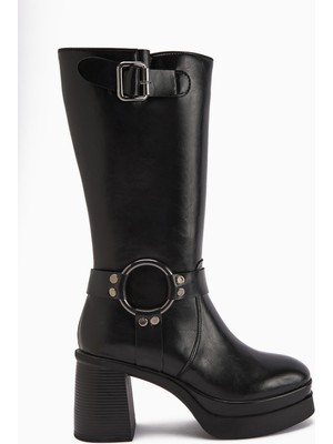 Limoya Beris Siyah Toka Detaylı Platform Topuklu Kadın Çizme