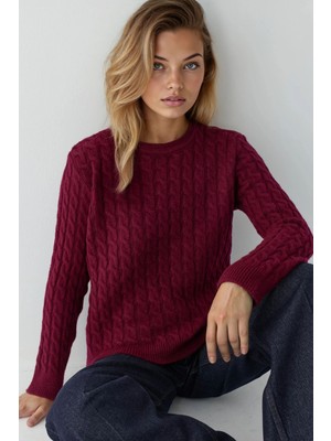 Hiccup Kadın Yuvarlak Yaka Kalın Saç Örgüsü Kazak Bordo Kırmızı