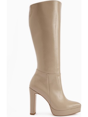 Limoya Ariya Bej Platform Topuklu Fermuarlı Kadın Çizme