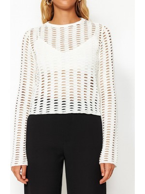 Fileli Ispanyol Kol Slim Fit Crop Bisiklet Yaka Örme Bluz