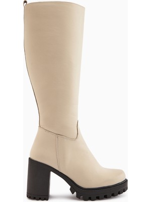 Limoya Ella Hakiki Deri Bej Platform Topuklu Kadın Çizme