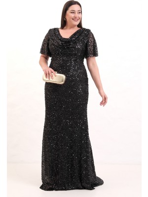 Lafaba Kadın Siyah Degaje Yaka Pul Payet Büyük Beden Uzun Abiye Elbise