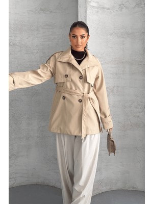 Giyimmasalı Bondit Kumaş Kısa Trençkot - Bej