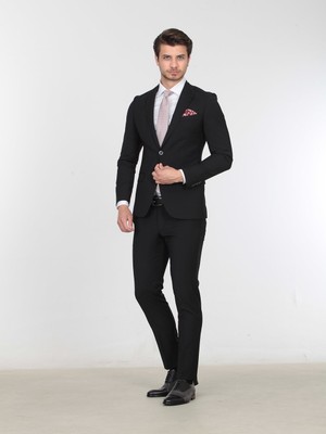 Kip Siyah Düz Slim Fit Yün Karışımlı Takım Elbise