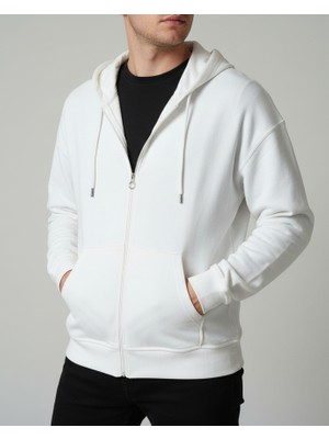 Balkonda Sweatshirt Kapüşonlu Fermuarlı 2 İplik Pamuklu Kompakt Beyaz Unisex