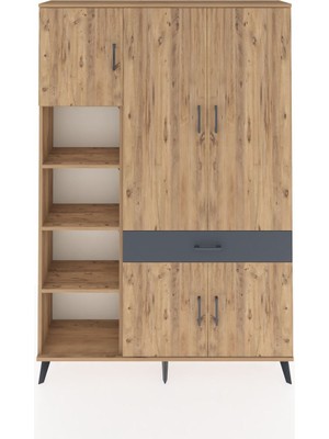 Dienni Arges Dolap 8 Raflı Tek Çekmeceli 5 Kapaklı 132X30X195 Çam-Çam/antrasit
