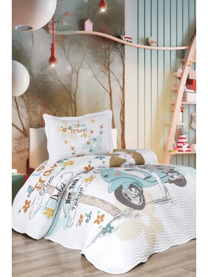 Çeyiz Diyarı Gezgin Kız Baskılı Kapitoneli Tek Kişilik Yatak Örtüsü Mavi