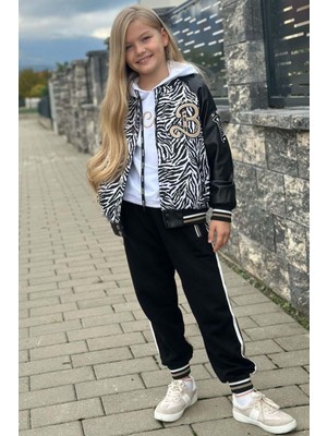 Riccotarz Kız Çocuk V Cool Yazı Baskılı Sweatshirt Zebra ve Gold Şerit Detaylı Deri Eşofman Takım