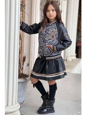 Riccotarz Kız Çocuk V Cool Yazı Baskılı Sweatshirt Zebra ve Gold Şerit Detaylı Deri Ceketli Etekli Takım