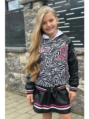 Riccotarz Kız Çocuk V Cool Yazı Baskılı Sweatshirt Zebra ve Pembe Şerit Detaylı Deri Ceketli Etekli Takım