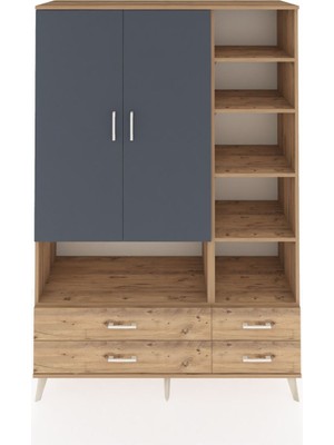 Dienni Hyperion Dolap 10 Raflı 4 Çekmeceli 2 Kapaklı 132X44X195 Çam-Antrasit/çam