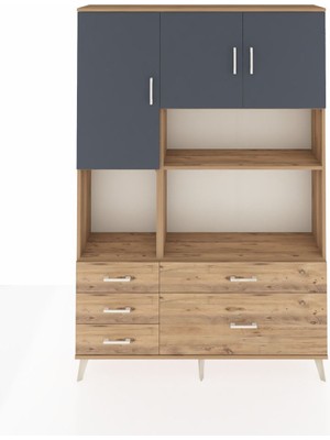 Dienni Arges Dolap 8 Raflı 5 Çekmeceli 3 Kapaklı 132X30X195 Çam-Antrasit/çam