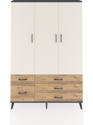 Dienni Arges Dolap 5 Raflı 5 Çekmeceli Tek Askılı 132X30X195 Antrasit-Aytaşı/çam